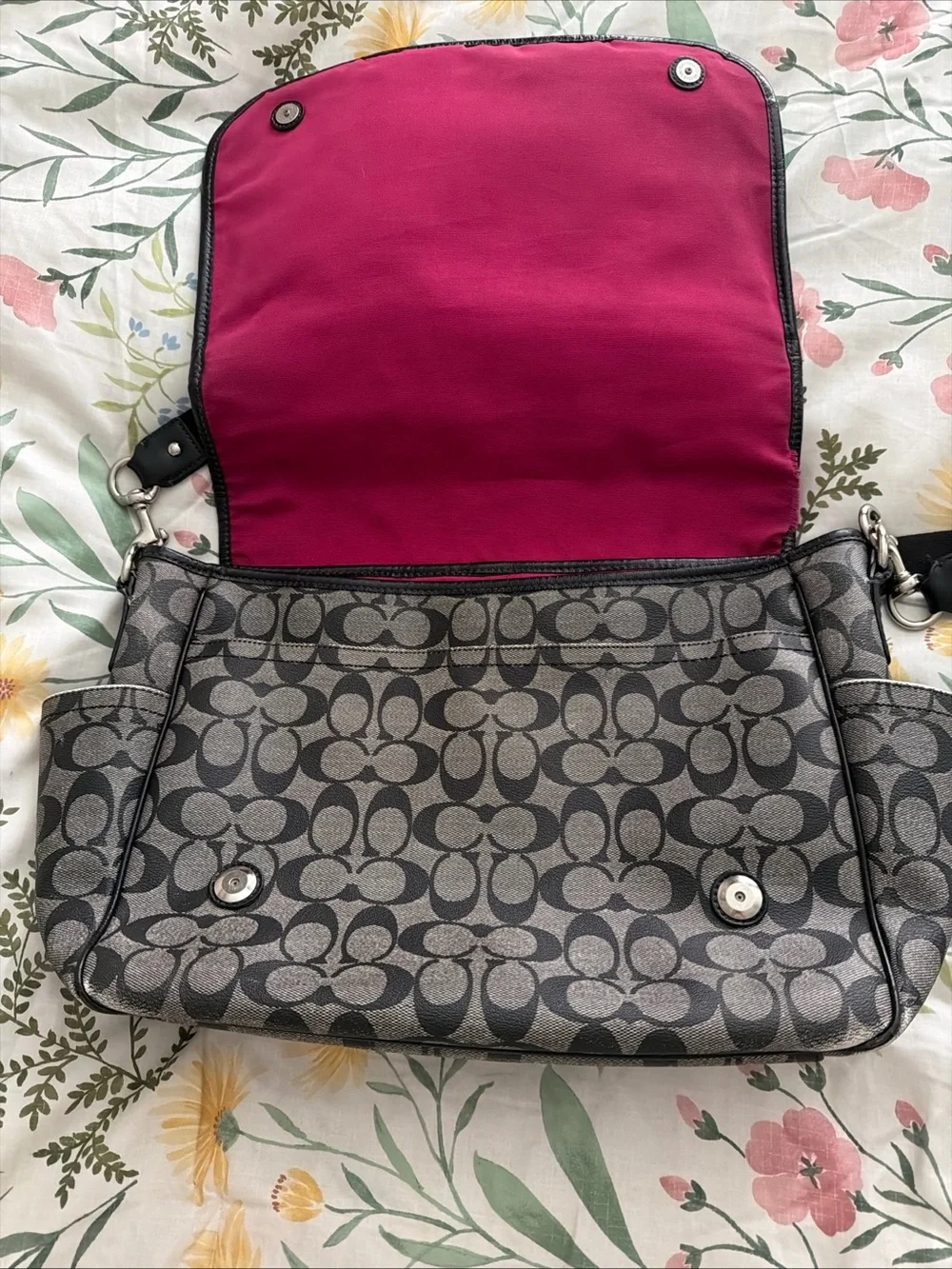 Coach Gray Signature Canvas Messenger Bag with Black Trim